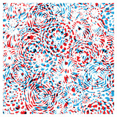 Colorful abstract pattern featuring swirling red and blue shapes over a white background, resembling fireworks or floral designs