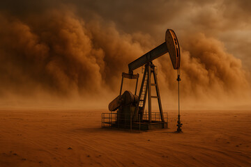 Oil pumpjack working in sandy environment under dust storm showing fossil fuel extraction in extreme conditions