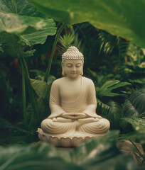 White Buddha statue in tropical forest with lush green leaves, AI generated