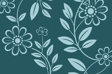Seamless teal floral pattern with blue flowers and leaves, Vintage botanical design for wallpaper and fabric prints


