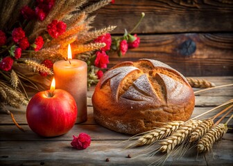 Photo of a lit candle and an apple sit beside a loaf of bread and wheat stalks on a wooden table