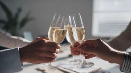 Hands toasting with champagne glasses during elegant New Year celebration in bright daylight office setting perfect for holiday business visuals and festive event announcements