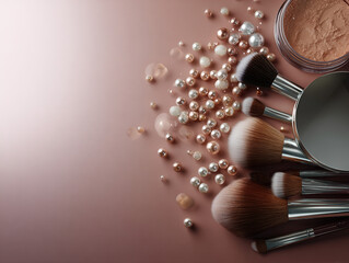 Obraz premium Makeup Brushes and Pearls on a Stylish Pink Background