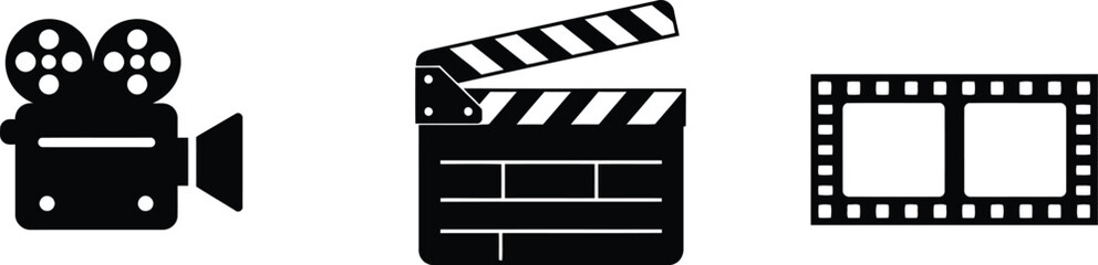 Filmmaking Icon Set – Vintage Camera, Clapperboard, and Filmstrip Graphics for Media Apps, Video Branding, and Storytelling UI