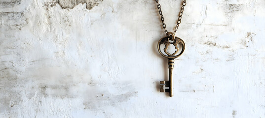 Key necklace positioned against soft white wooden wall, allowing lower image area for branding text.