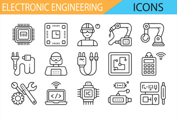 Technology and electronics vector icons for circuits, tools, and digital systems.