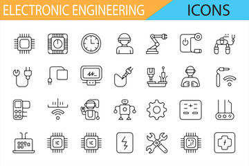 A set of engineering icons for electronics, including robotics, processors, and devices.