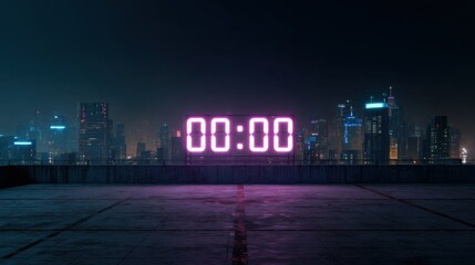 Midnight countdown concept with digital 00:00 glowing timer on rooftop against futuristic cityscape perfect for New Year themes, celebration visuals and sci-fi inspired urban designs