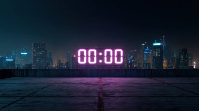 Midnight countdown concept with digital 00:00 glowing timer on rooftop against futuristic cityscape perfect for New Year themes, celebration visuals and sci-fi inspired urban designs - Powered by Adobe