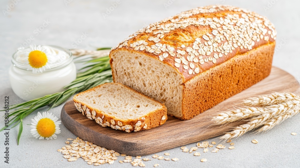 Aufkleber Assorted grain bread selection with oats and yogurt in rustic bakery setting for breakfast or snack