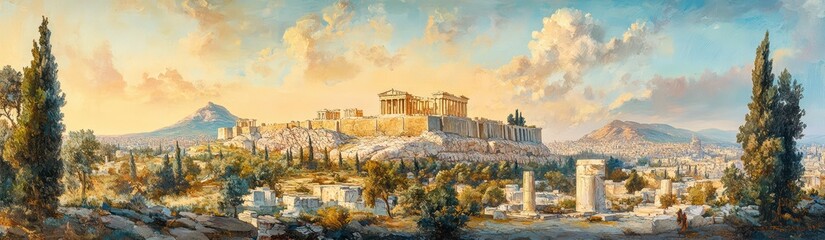 Ancient Ruins of Acropolis Hill Under A Beautiful Sky at Sunset