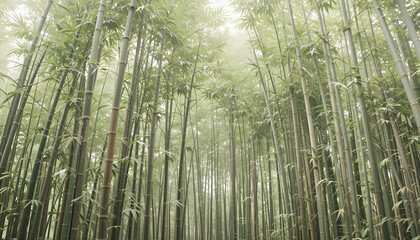 Fototapeta premium Dense Bamboo Forest with Tall Green Stalks and Leaf Canopy – Nature Still Life Representing Tranquil Verticality, Organic Harmony, and Serene Wilderness