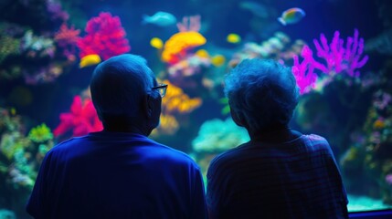 Elderly Couple Looking at a Brightly Lit Aquarium