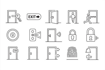 Minimalistic vector icons illustrating door locks, exit signs, and entry/exit systems.
