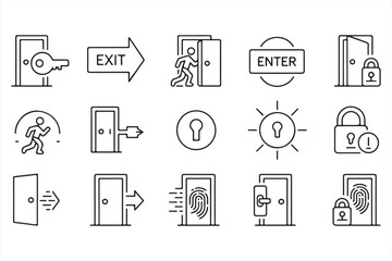 Collection of security-related icons, including locks, doors, keys, and exit symbols.