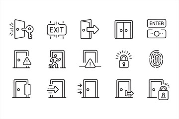 Emergency exit and access control icons for safety systems and infrastructure.