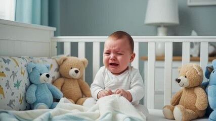 Crying baby sitting in a crib surrounded by teddy bears and toys. Concept of infant distress, needs, and early childhood. Use for baby products, parenting, or child care content