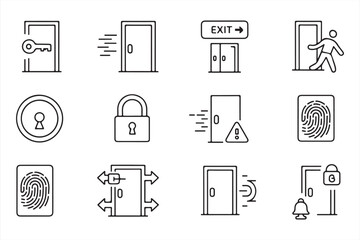 A set of vector icons representing doors, locks, keys, and entry/exit signs, ideal for security, access control, and emergency exit-related content.