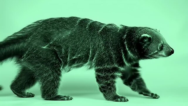 Coati walking profile on vibrant green studio background, showcasing unique features and textured fur