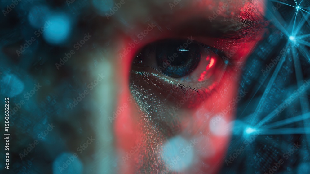 Poster close-up of a human eye reflecting digital patterns and glowing lights in a futuristic setting