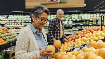 Grocery shopping experience senior citizens selecting fresh citrus fruits in supermarket indoor market close-up perspective healthy lifestyle