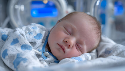 Newborn baby sleeps peacefully in modern neonatal intensive care unit. Medical equipment provides care. Serene photo of baby in a hospital. Healthcare concept, baby care, medicine, wellness.