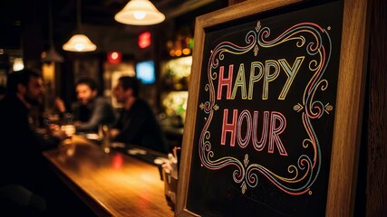 Blackboard sign advertising happy hour with decorative text in a bar. Concept of social gathering and lively events. Use for pub, nightlife, or entertainment promotions