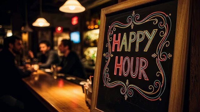 Blackboard sign advertising happy hour with decorative text in a bar. Concept of social gathering and lively events. Use for pub, nightlife, or entertainment promotions - Powered by Adobe