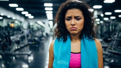 Woman with blue towel around neck, looking displeased at camera in gym. Concept of workout frustration, difficulty, or a challenging fitness journey. Use for health or gym promotions