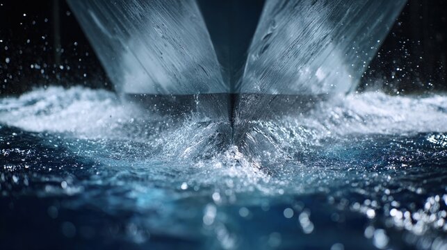 Closeup of a ships bow slicing through water in a controlled flow environment highlighting the hydrodynamic features designed to minimize resistance and improve speed.