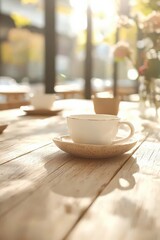Fototapeta premium A white cup with a gold rim sits on a wooden table, bathed in warm sunlight, creating a cozy and inviting atmosphere.