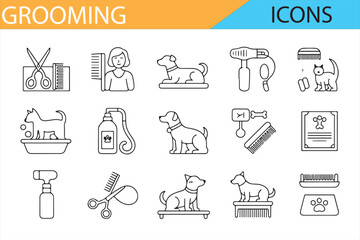 Simple vector icons showing grooming tools and pets, perfect for animal care and grooming services.

