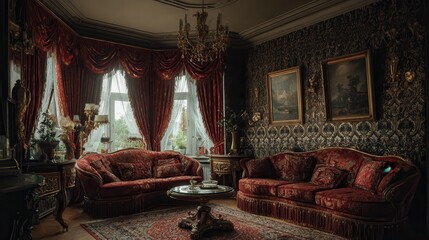 Fototapeta premium Elegant vintage living room with ornate decor and luxurious furnishings in natural light during the afternoon