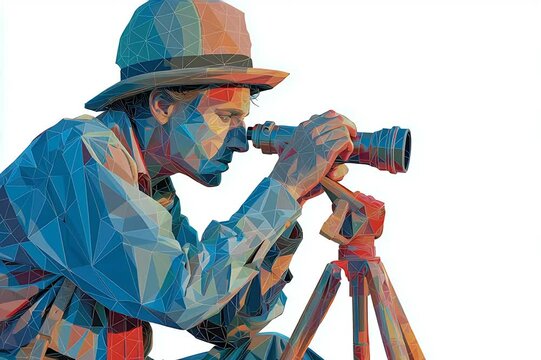Low poly animated video of person using telescope in geometric art style