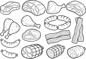 Collection of various raw meat products and chicken legs in a simple line art style