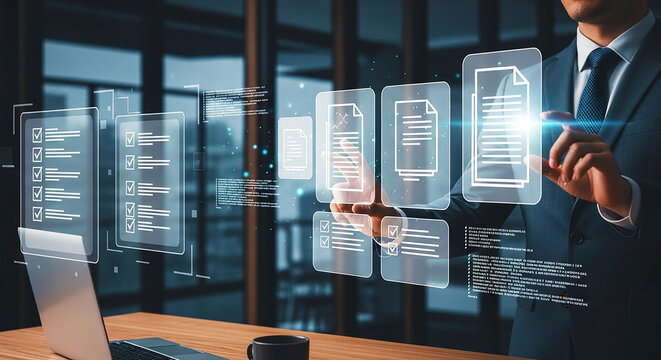 "Digital Document Management: Professional interacts with holographic interface, optimizing data organization, paperless workflow, and future office technology."







