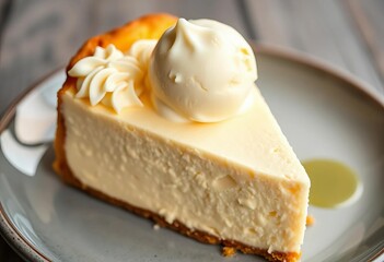 Creamy New York style cheesecake topped with a scoop of vanilla bean ice cream, pastel de queso, dessert photography