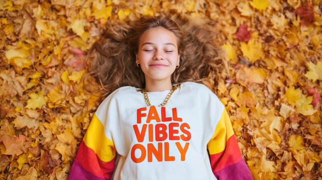 Girl lying on autumn leaves wearing a “Fall Vibes Only” hoodie