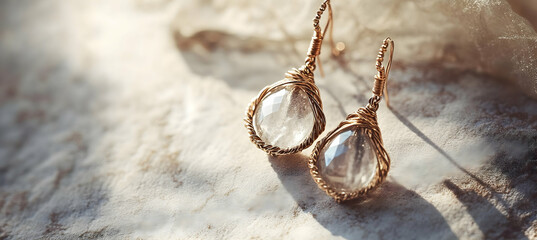 Minimalist crystal earrings with wire-wrapped tops resting on a textured surface with soft shadows highlighting simple elegance and natural gemstone beauty


