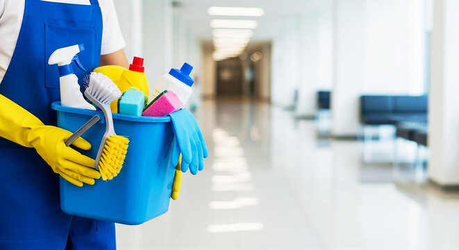 "Professional Cleaning Services: Janitor with blue bucket of supplies in bright hallway, ready for office, hospital, or facility maintenance and hygiene."
