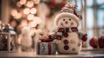 Cute snowman figurine with striped scarf and winter hat standing next to gift box on soft festive background with glowing lights perfect for Christmas greeting cards and holiday visuals
