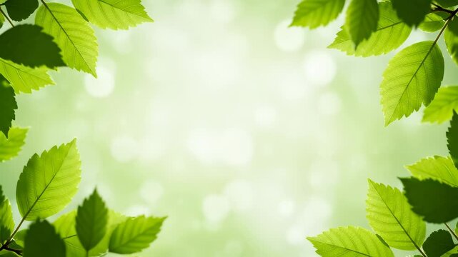Fresh green leaves beautifully frame a sunlit natural background with soft bokeh, providing refreshing copy space for spring or environmental themes.