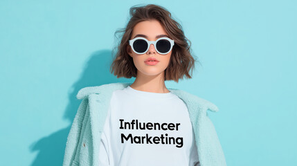 Woman with influencer marketing shirt and sunglasses