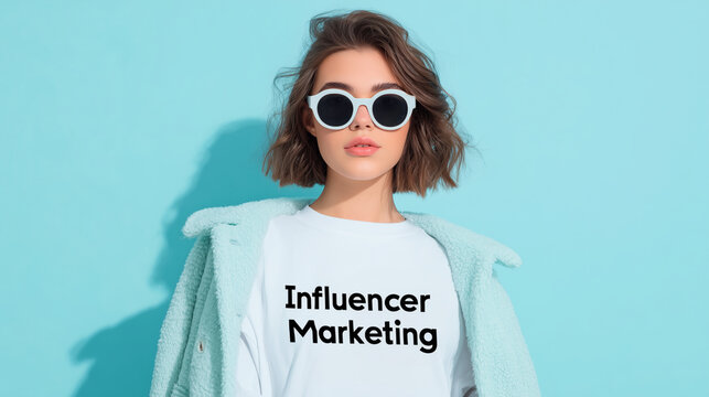 Woman with influencer marketing shirt and sunglasses