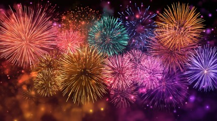 Fototapeta premium Colorful fireworks bursting in night sky with vivid explosions and glowing trails perfect for festive New Year celebrations, holiday cards, and event invitation backgrounds
