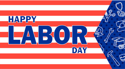 Banner happy labor day on american flag and silhouettes of professions