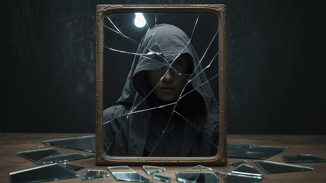 Hacker, Hooded Figure Reflected in Shattered Mirror with Scattered Glass Shards on Wooden Surface - Powered by Adobe