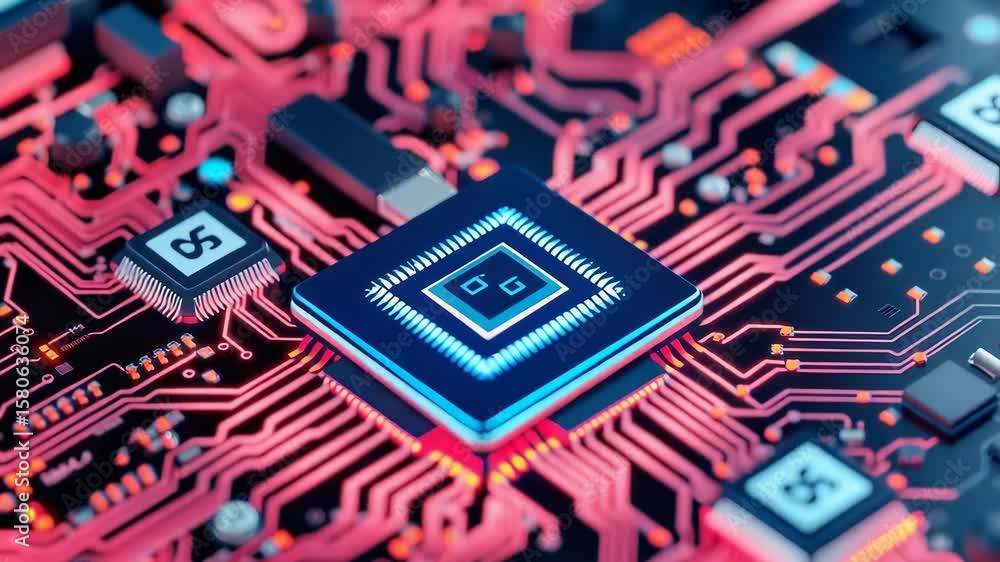 Poster a closeup view of a glowing blue central processor on a complex electronic circuit board with red ac