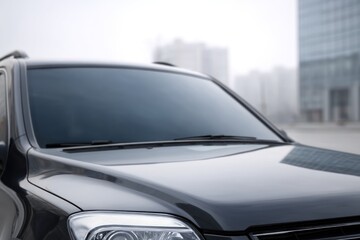 Fototapeta premium Dark gray car in front of modern buildings
