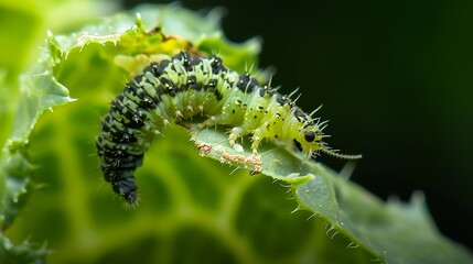 Fototapeta premium **A Small Caterpillar Chewing The Edge Of A Cabbage Leaf, With Jagged Bite Marks Clearly Visible. The Insect Is In Sharp Focus, Mid-Chew, While The Leaf Shows Feeding Damage. Background Is Clean And S